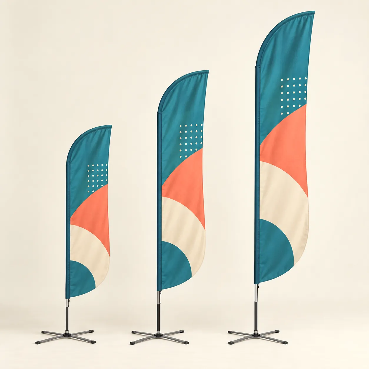 Feather Flags: 9 ft, 12 ft and 15 ft feather flags on X bases, printed with sample artwork