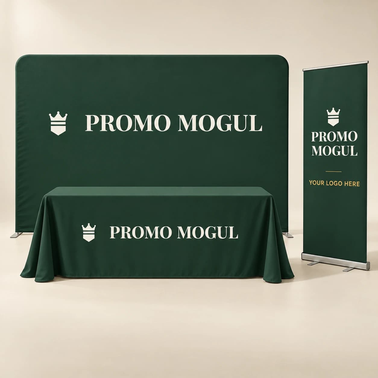 10 foot backdrop display package printed with the PromoMogul logo, shown as a sample design