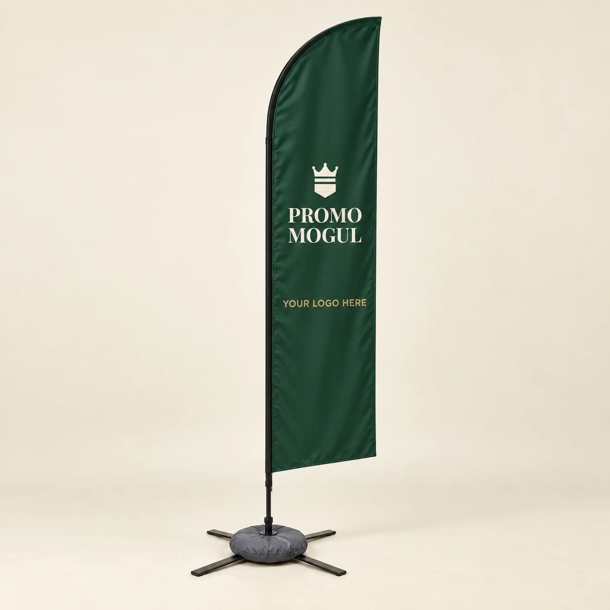 Blade flag printed with the PromoMogul logo, shown as a sample design
