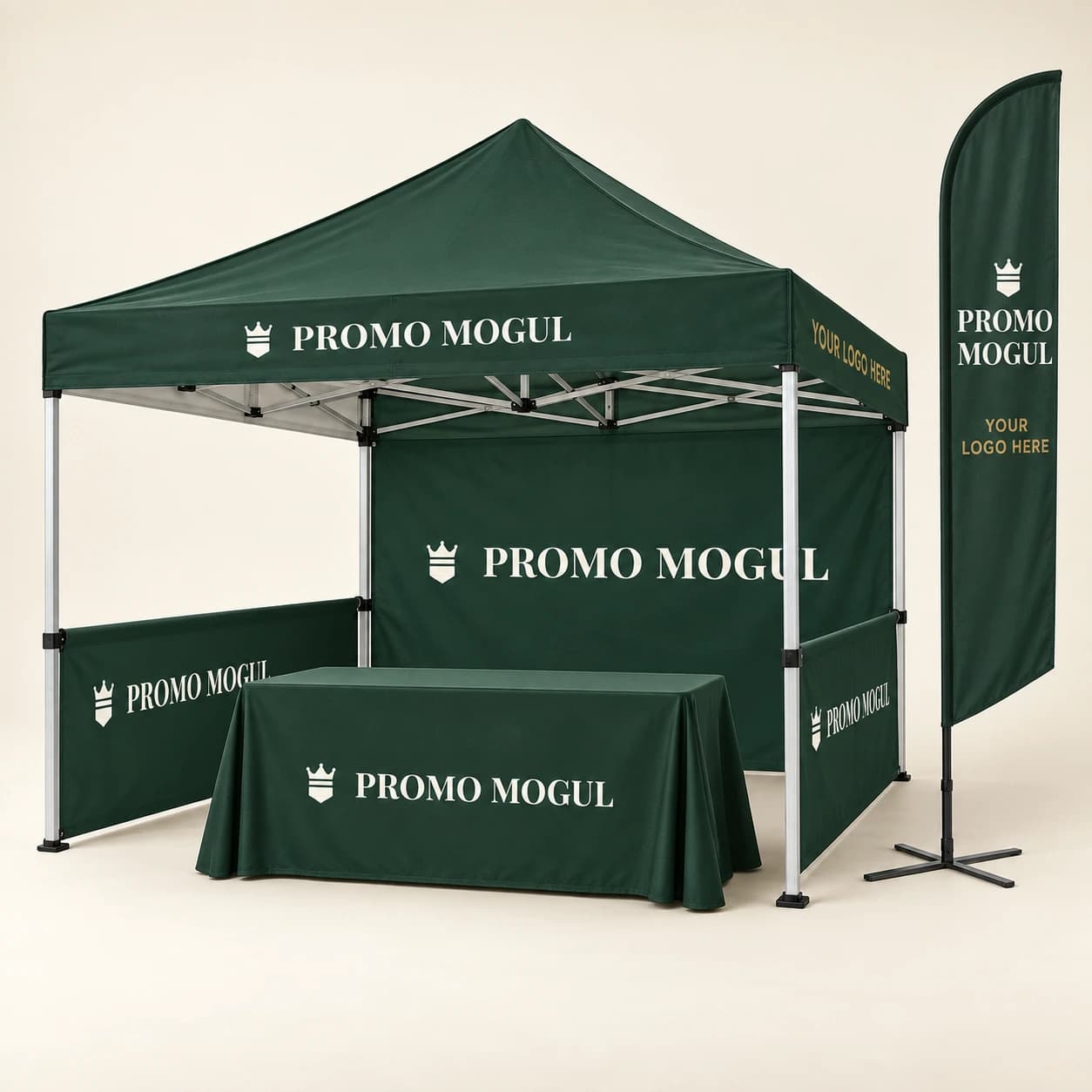 Trade show canopy kit printed with the PromoMogul logo, shown as a sample design