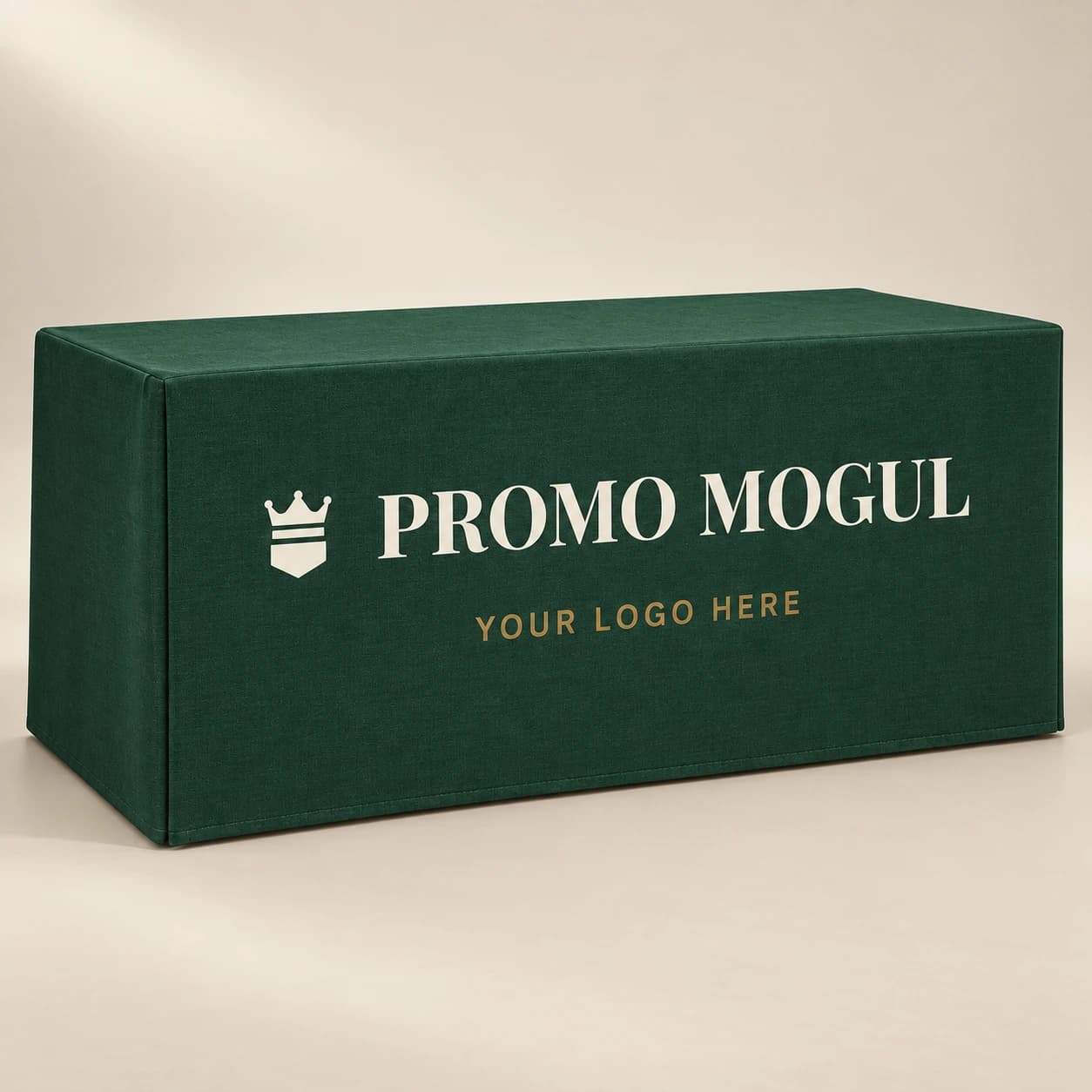 Custom fitted table cover in Mogul Green with PromoMogul logo and your logo here print area