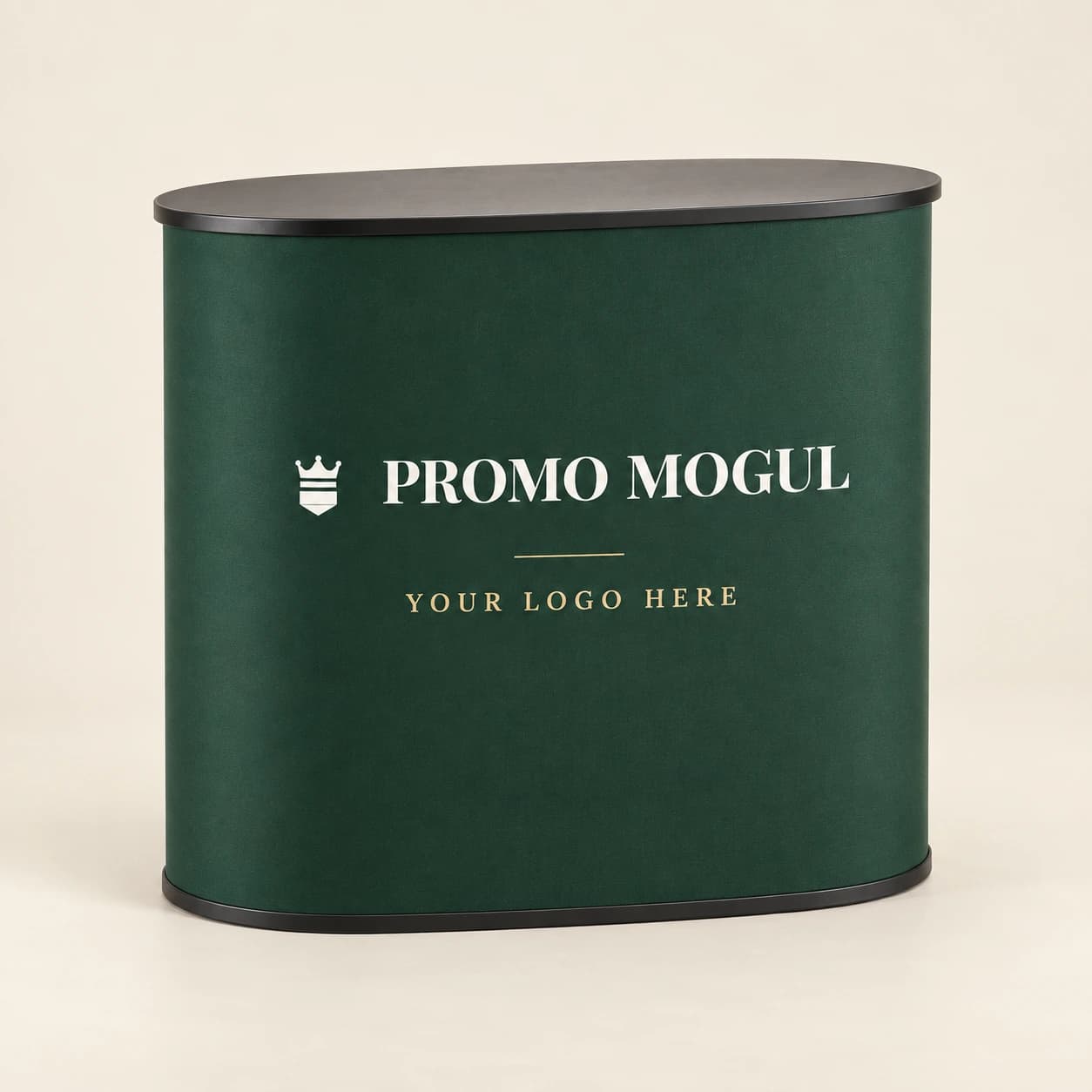 Oval collapsible counter in Mogul Green with PromoMogul logo and your logo here print area