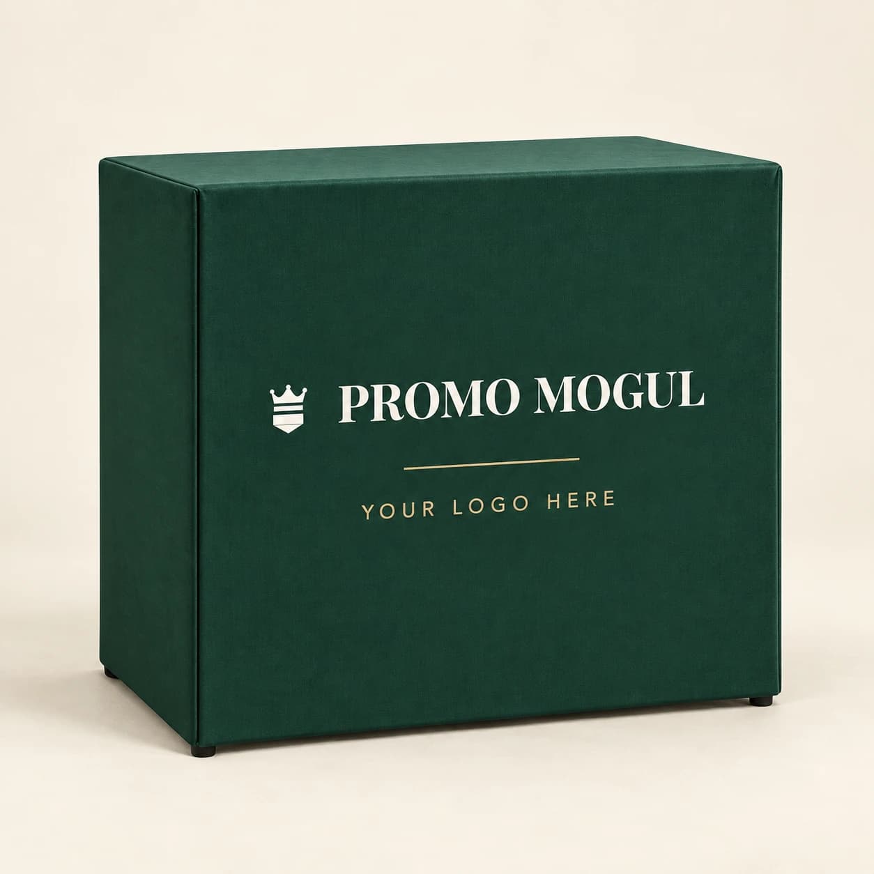 Custom podium cover in Mogul Green with PromoMogul logo and your logo here print area