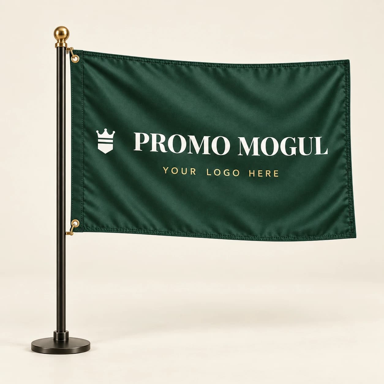 Custom grommeted pole flag in Mogul Green with PromoMogul logo and your logo here print area