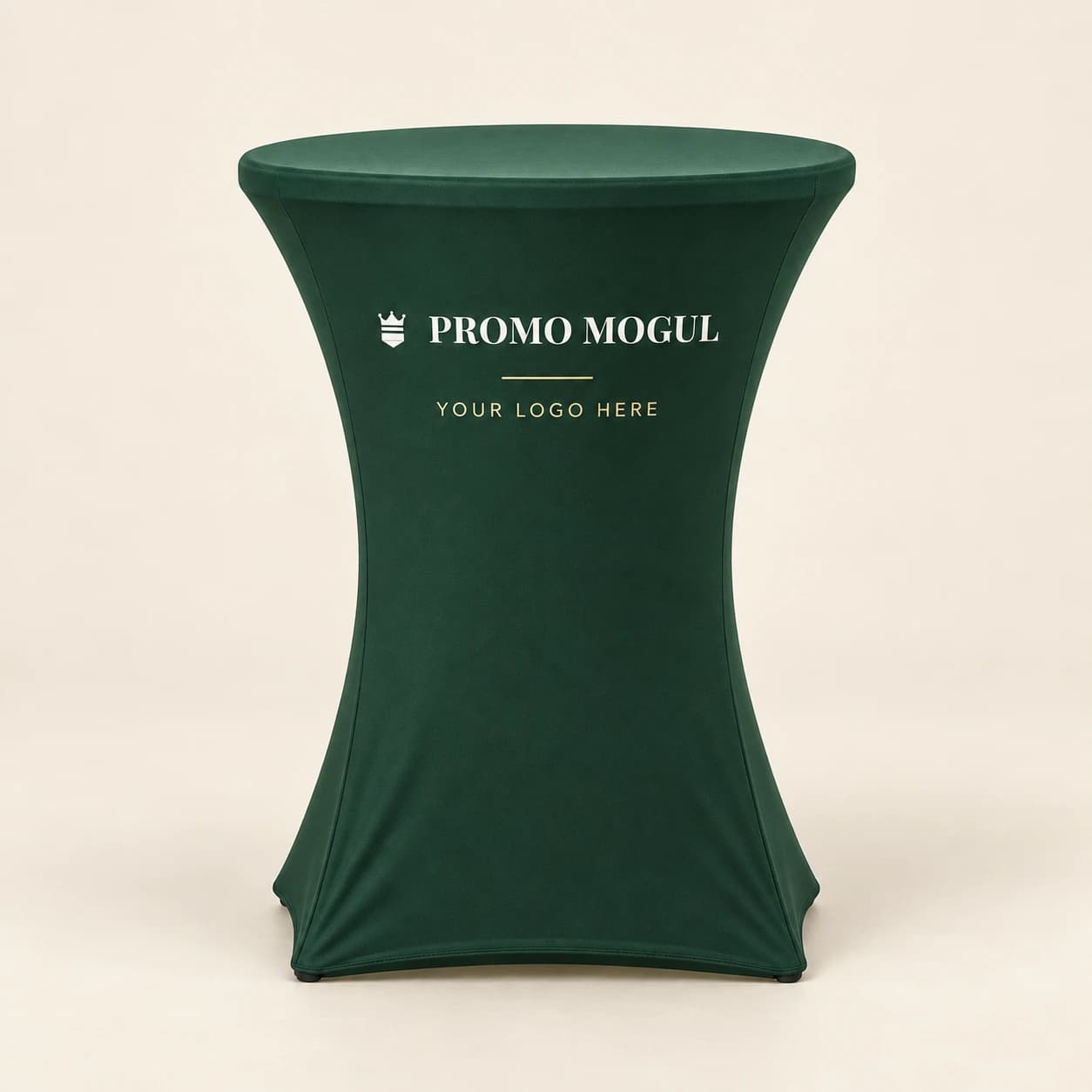 Custom round table cover in Mogul Green with PromoMogul logo and your logo here print area