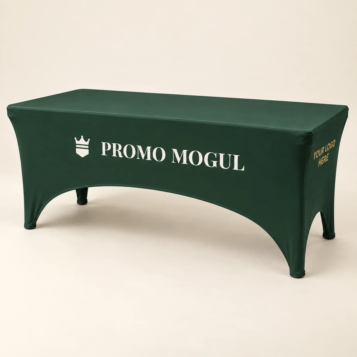 Stretch table cover printed with the PromoMogul logo, shown as a sample design