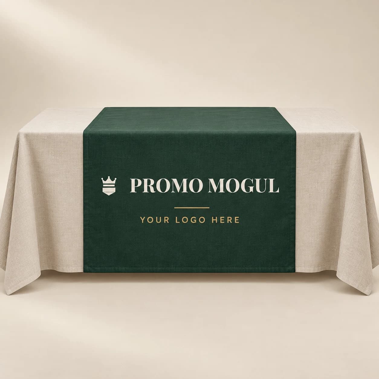 Custom table runner in Mogul Green with PromoMogul logo and your logo here print area