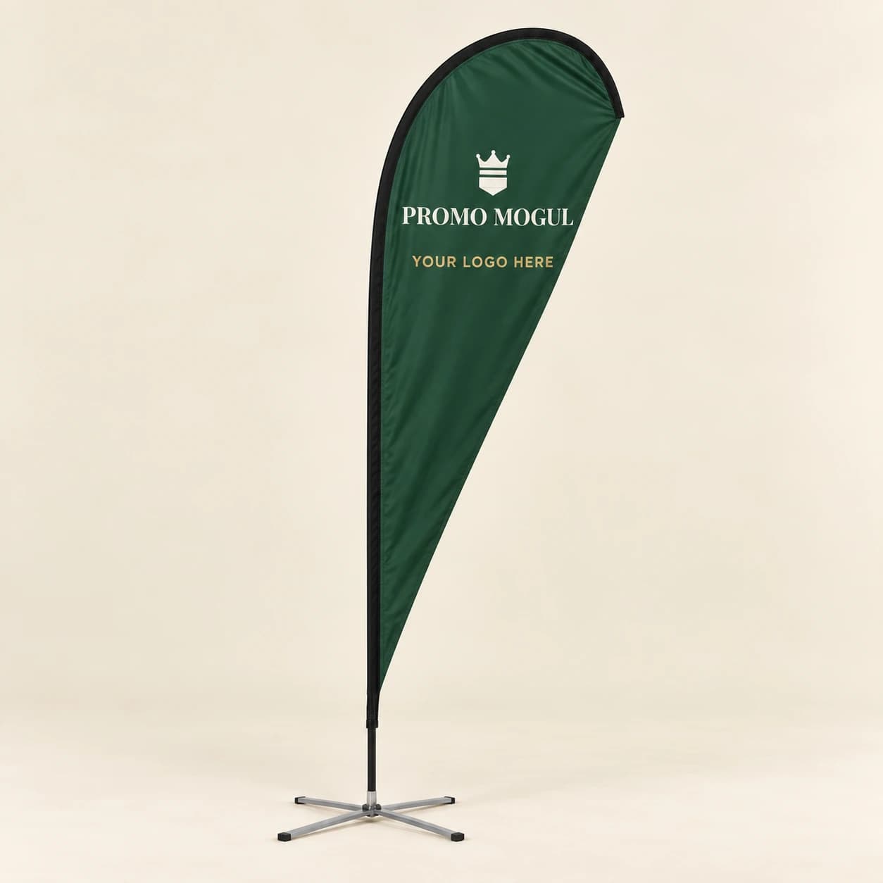 Teardrop flag printed with the PromoMogul logo, shown as a sample design