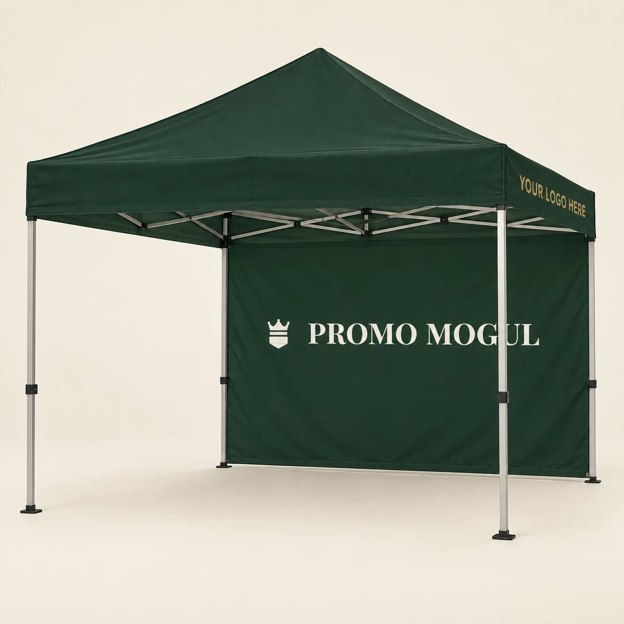 Custom 10 x 10 canopy tent in Mogul Green with PromoMogul logo and your logo here print area