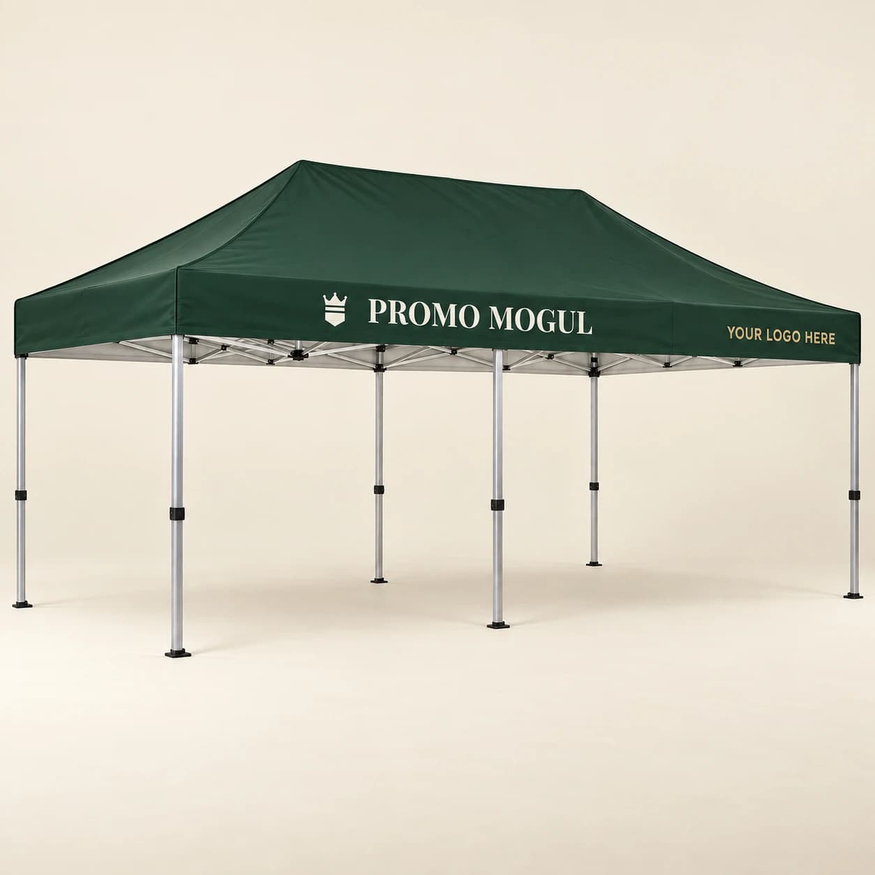 Custom 10 x 15 canopy tent printed with the PromoMogul logo, shown as a sample design