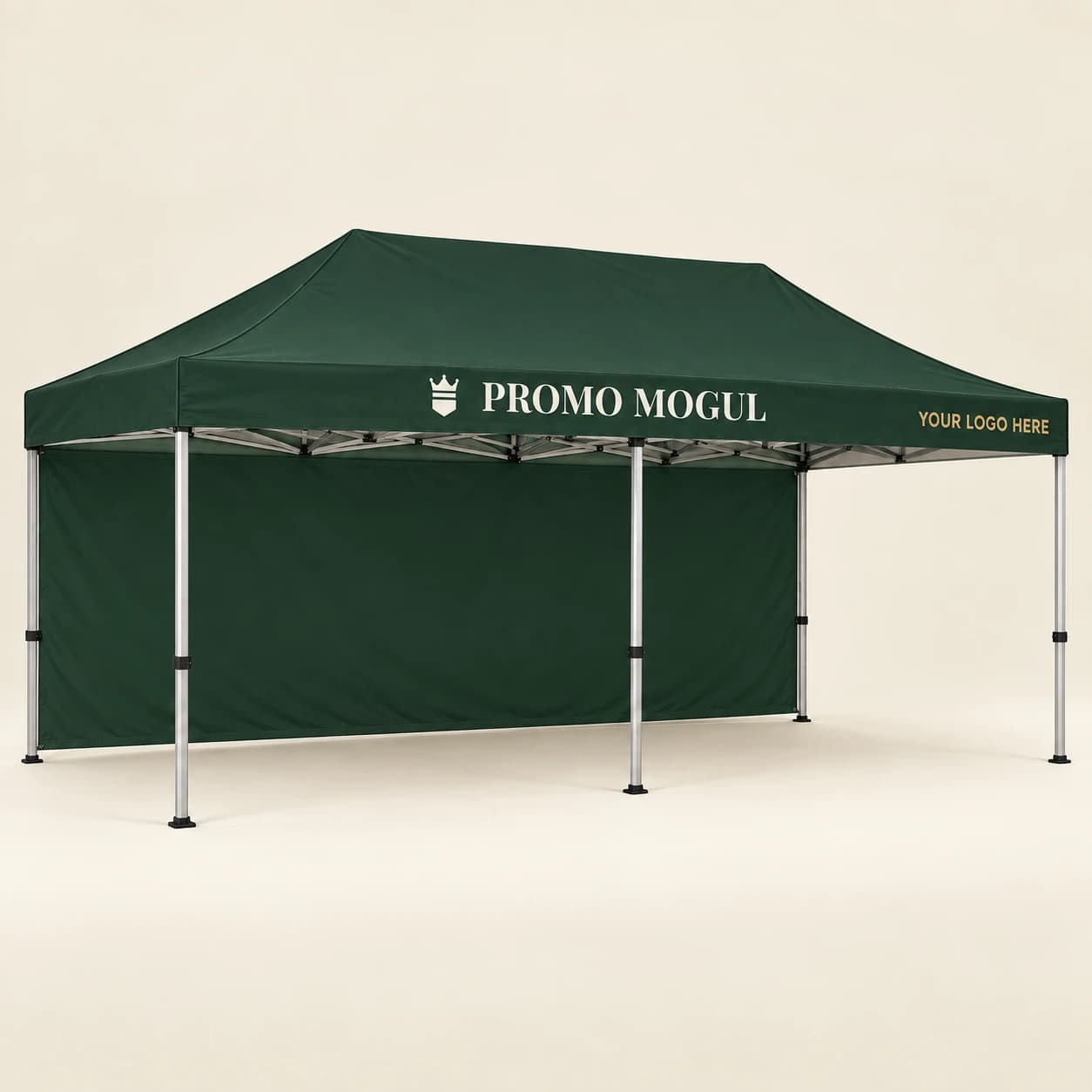 Custom 10 x 20 canopy tent printed with the PromoMogul logo, shown as a sample design