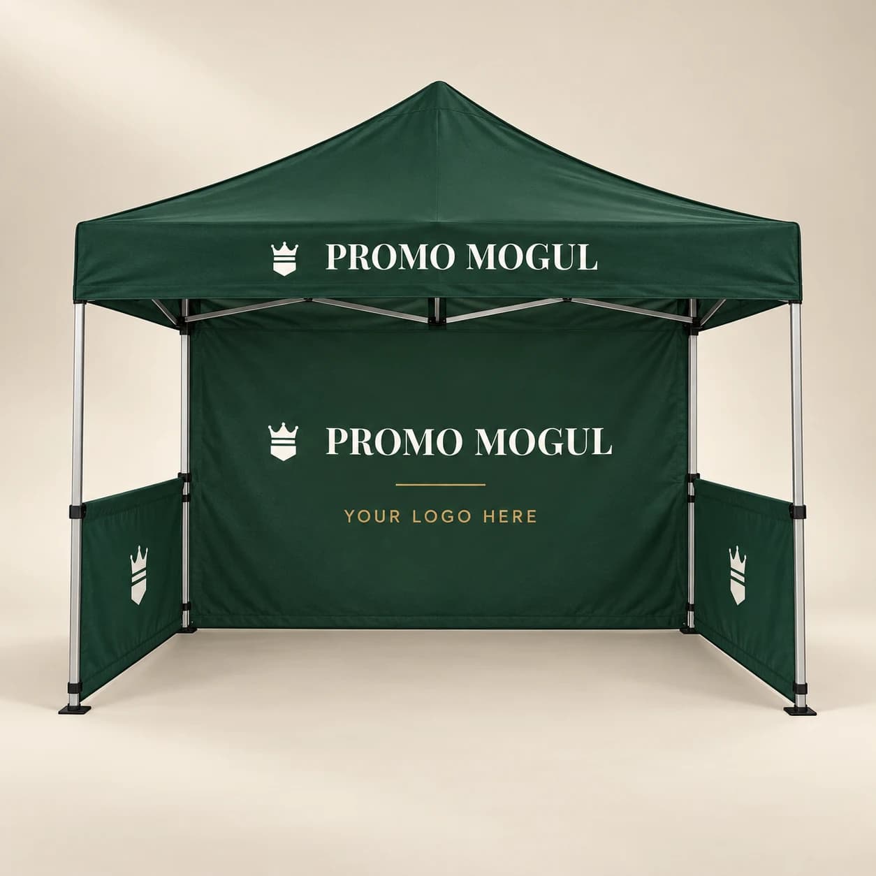 Custom canopy tent walls in Mogul Green with PromoMogul logo and your logo here print area